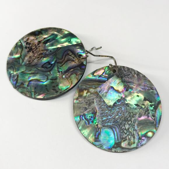 Vintage MOP Mother of Pearl Abalone Shell Round Disc Hook Earrings Oversized - Picture 8 of 9